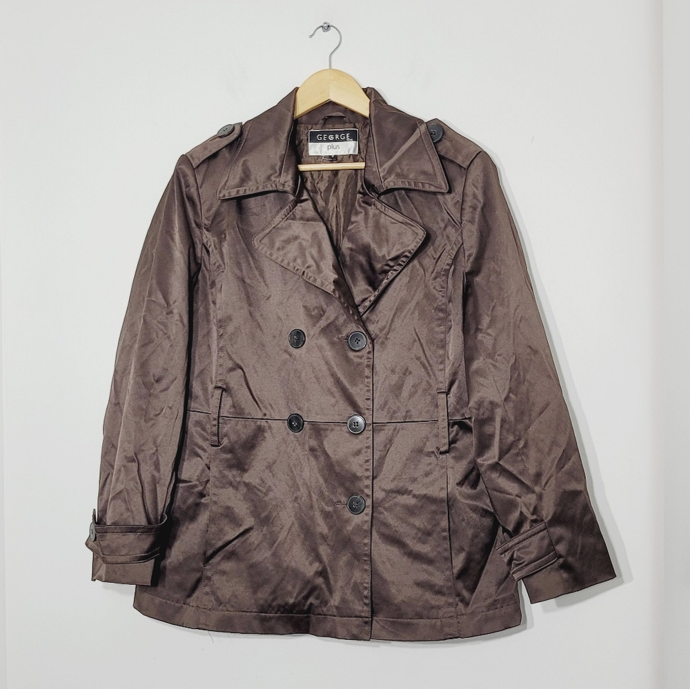 George Plus Dark Brown Double Breasted Cotton Blend Stainy Coat Plus Size 1X
